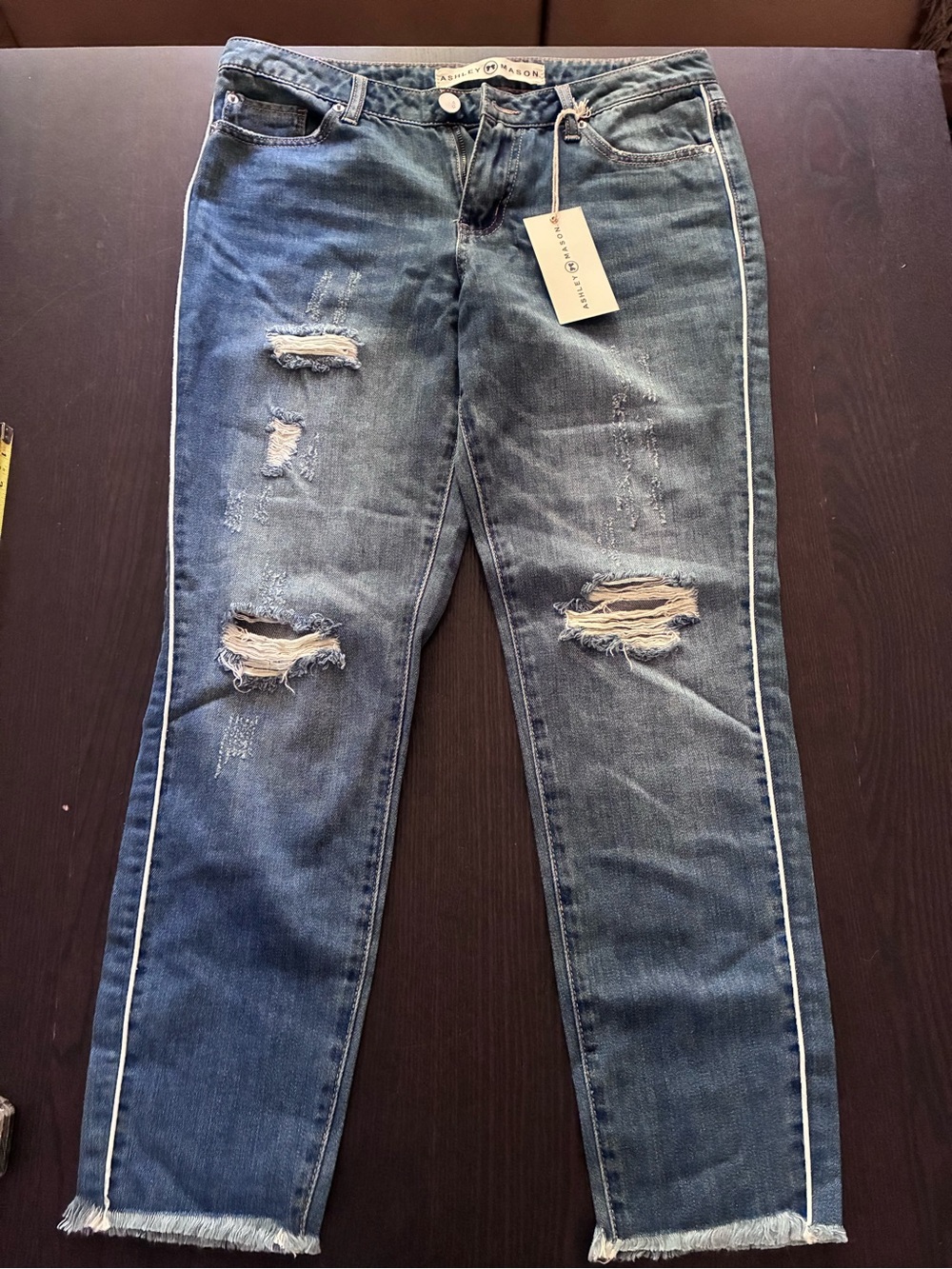 Ashley Mason Distressed Blue Straight Leg Jeans with Side Stripe